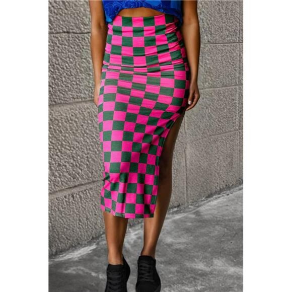Rose Checkered Print Side Slit High Waist Midi Skirt - Picture 8 of 8